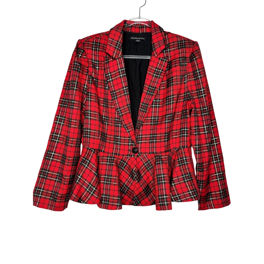 Boston Proper Blazer Size 14 Red Plaid Tartan Peplum Single Button Jacket Preppy